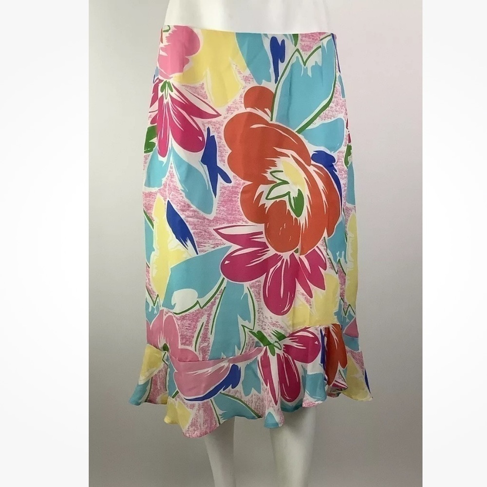 Harold's Sz 10 100% Silk Bold Colorful Floral Print Flare Skirt Multicolor